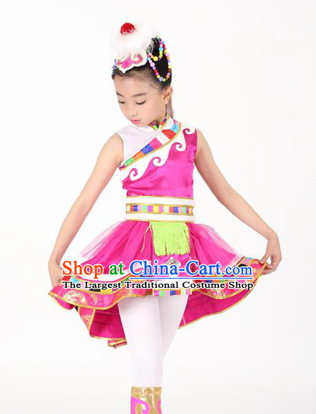 Traditional Chinese Child Zang Nationality Rosy Veil Short Dress Ethnic Minority Folk Dance Costume for Kids