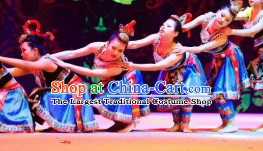 Traditional Chinese Child She Nationality Blue Short Skirt Ethnic Minority Folk Dance Costume for Kids