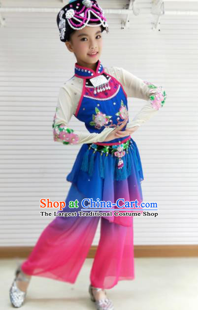 Traditional Chinese Folk Dance Spring Festival Fan Dance Blue Outfits Yangko Dance Stage Show Costume for Kids