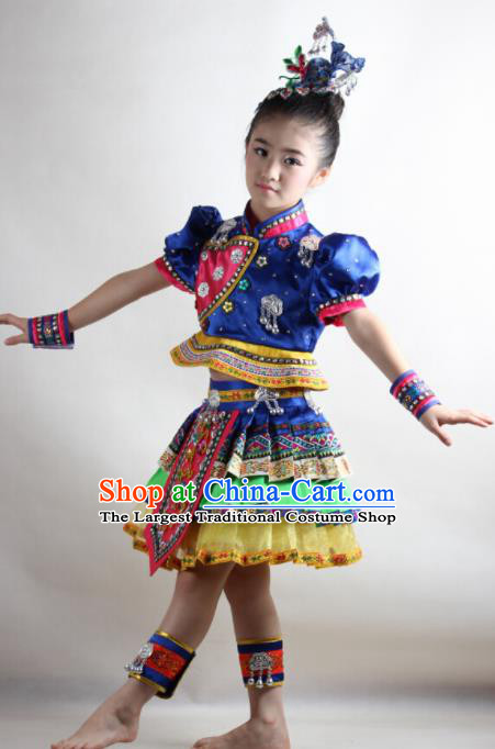 Traditional Chinese Tujia Nationality Child Royalblue Dress Ethnic Minority Folk Dance Costume for Kids