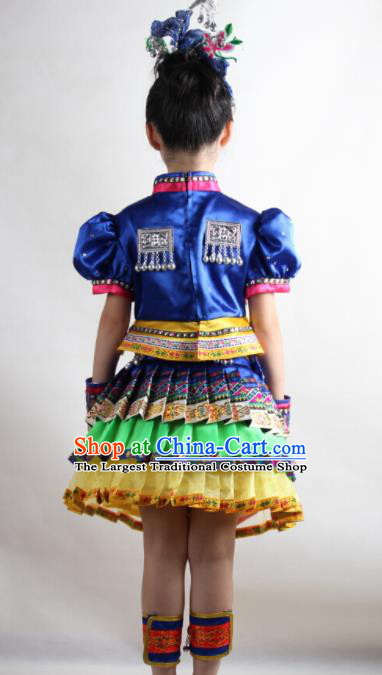 Traditional Chinese Tujia Nationality Child Royalblue Dress Ethnic Minority Folk Dance Costume for Kids