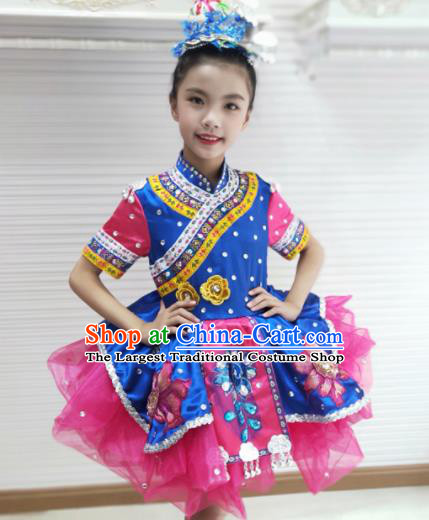 Traditional Chinese Tujia Nationality Child Rosy Dress Ethnic Minority Folk Dance Costume for Kids
