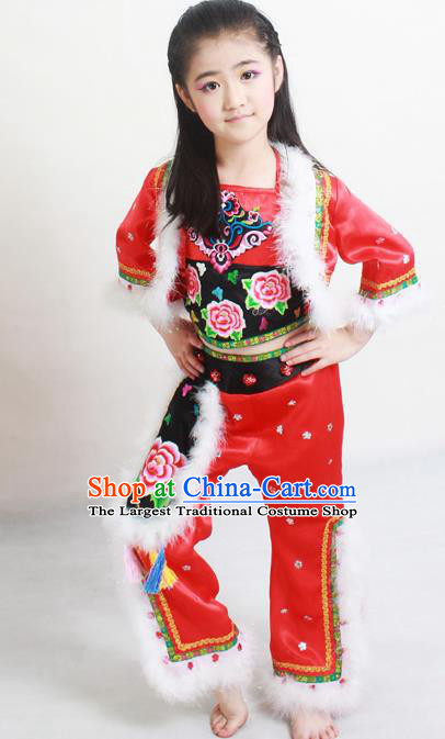 Traditional Chinese Folk Dance Red Outfits Spring Festival Fan Dance Yangko Dance Stage Show Costume for Kids