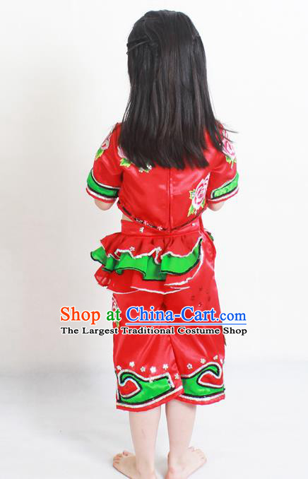 Traditional Chinese Folk Dance Red Satin Outfits Spring Festival Fan Dance Yangko Dance Stage Show Costume for Kids