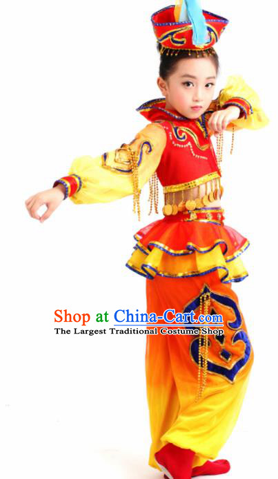 Traditional Chinese Child Mongol Nationality Red Skirt Ethnic Minority Folk Dance Costume for Kids