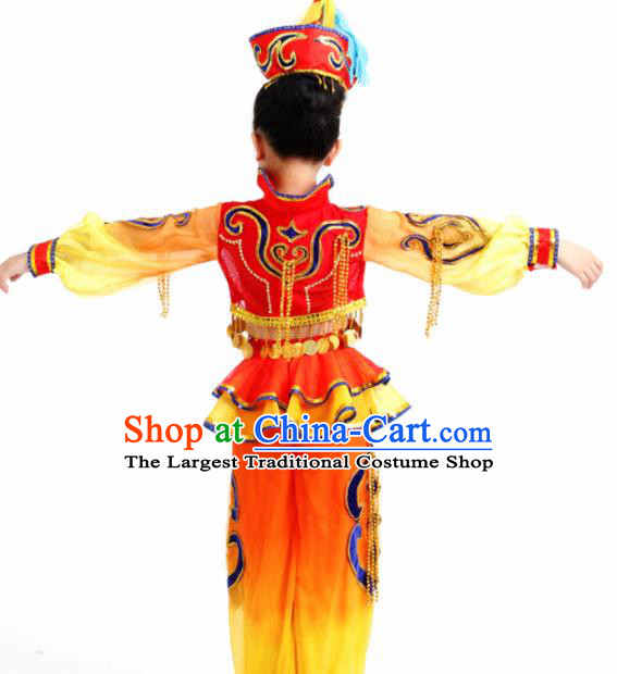 Traditional Chinese Child Mongol Nationality Red Skirt Ethnic Minority Folk Dance Costume for Kids