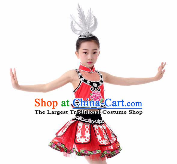 Traditional Chinese Child Miao Nationality Red Skirt Ethnic Minority Folk Dance Costume for Kids