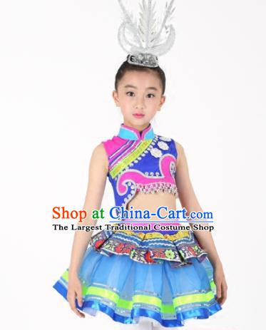 Traditional Chinese Child Yao Nationality Blue Skirt Ethnic Minority Folk Dance Costume for Kids
