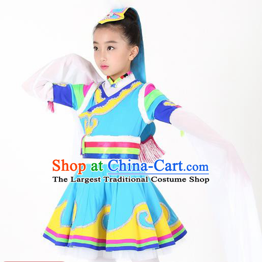 Traditional Chinese Child Zang Nationality Blue Skirt Ethnic Minority Folk Dance Costume for Kids