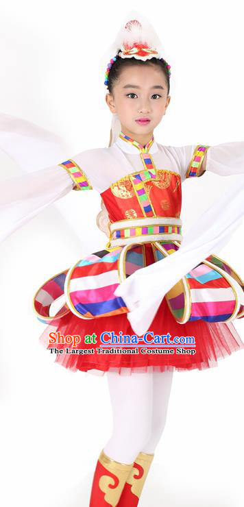 Traditional Chinese Child Tibetan Nationality Red Dress Ethnic Minority Folk Dance Costume for Kids