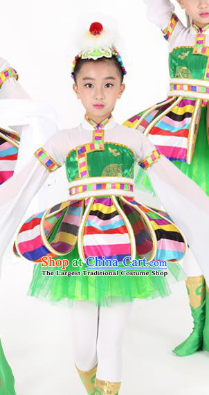 Traditional Chinese Child Tibetan Nationality Green Dress Ethnic Minority Folk Dance Costume for Kids