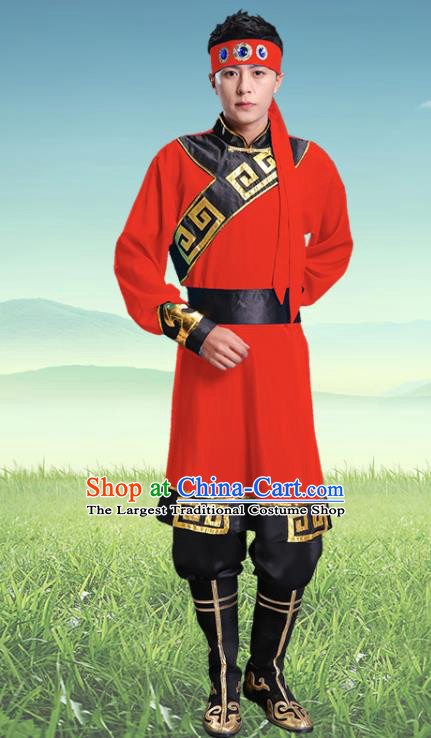 Traditional Chinese Mongol Nationality Red Clothing Ethnic Minority Folk Dance Costume for Men