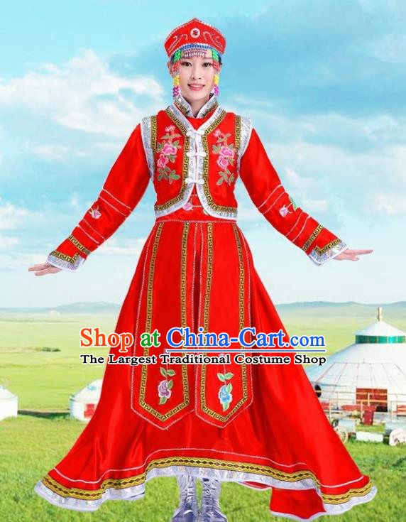 Traditional Chinese Mongol Nationality Red Dress Ethnic Minority Folk Dance Costume for Women
