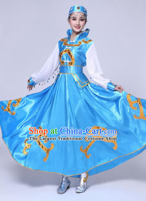 Traditional Chinese Mongol Nationality Princess Blue Dress Ethnic Minority Folk Dance Costume for Women