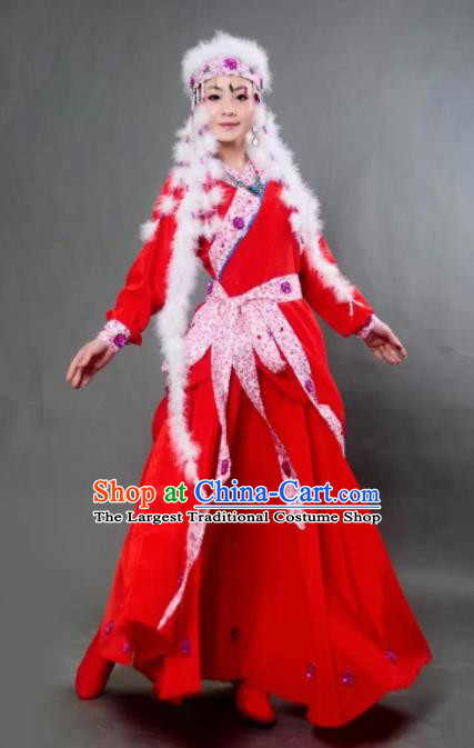 Traditional Chinese Mongol Nationality Princess Red Dress Ethnic Minority Folk Dance Costume for Women