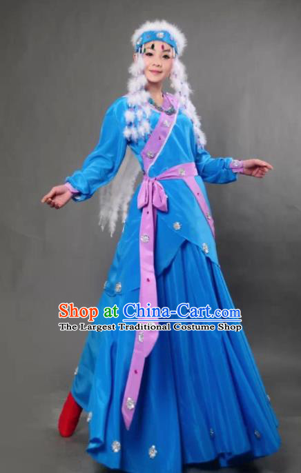 Traditional Chinese Mongol Nationality Princess Blue Dress Ethnic Minority Folk Dance Costume for Women