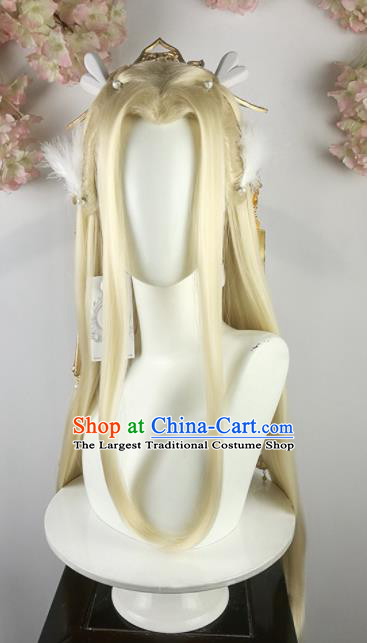 Traditional Chinese Cosplay Fairy Princess Golden Wigs Sheath Ancient Female Swordsman Chignon and Hair Accessories for Women