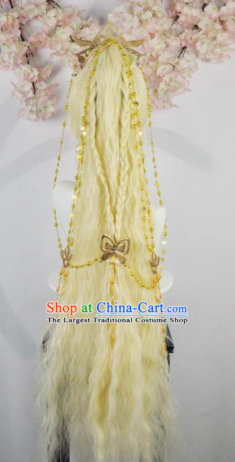 Traditional Chinese Cosplay Female Swordsman Golden Wigs Sheath Ancient Fairy Princess Chignon and Hair Accessories for Women
