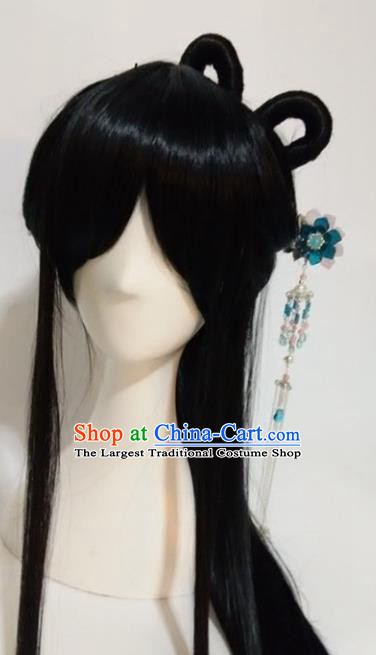 Traditional Chinese Cosplay Queen Bai Qian Black Long Wigs Sheath Ancient Female Swordsman Chignon for Women