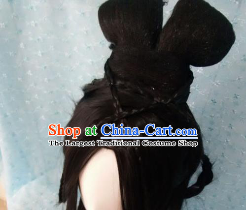 Traditional Chinese Cosplay Princess Feng Jiu Black Long Wigs Sheath Ancient Female Swordsman Chignon for Women