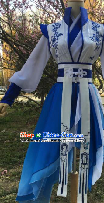 Traditional Chinese Cosplay Young Knight Blue Costumes Ancient Swordsman Hanfu Clothing for Men