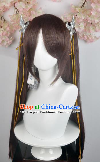 Traditional Chinese Cosplay Young Lady Brown Wigs Sheath and Hair Accessories Ancient Goddess Chignon for Women