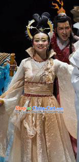 Chinese Drama Yuan Qu Ancient Court Queen Dance Dress Stage Performance Costume and Headpiece for Women