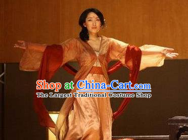 Chinese I Love Taohua Classical Dance Brown Dress Stage Performance Costume and Headpiece for Women