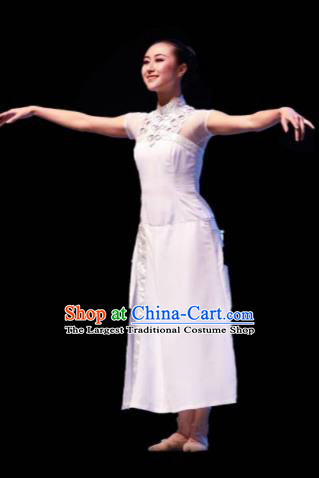 Chinese Female Embroider Classical Dance White Dress Stage Performance Costume and Headpiece for Women