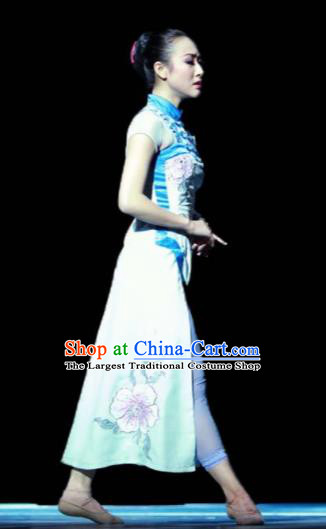 Chinese Female Embroider Classical Dance Blue Dress Stage Performance Costume and Headpiece for Women