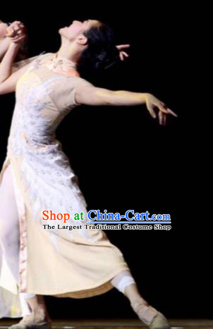 Chinese Female Embroider Classical Dance Beige Dress Stage Performance Costume and Headpiece for Women