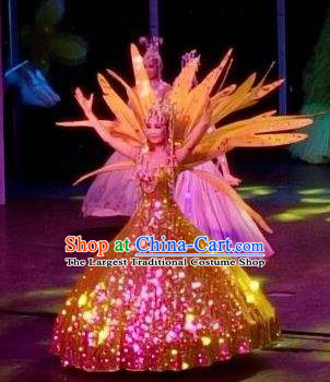 Chinese Night Of West Lake Classical Dance Golden Dress Stage Performance Costume and Headpiece for Women