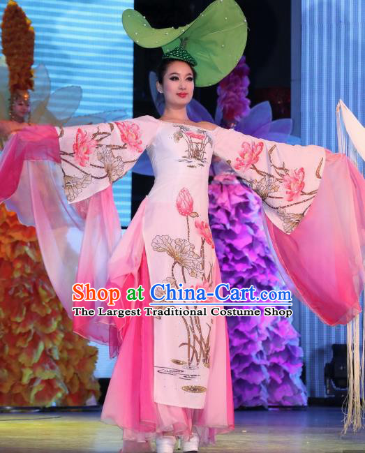Chinese Night Of West Lake Classical Lotus Flower Dance Pink Dress Stage Performance Costume and Headpiece for Women