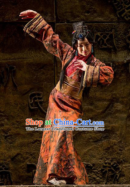 Chinese Drama Fu Sheng Ancient Qin Dynasty Palace Lady Dress Stage Performance Dance Costume and Headpiece for Women