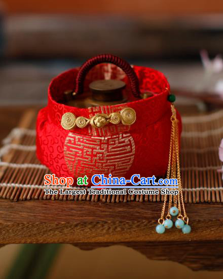 Traditional Chinese Ancient Termofor Cover Embroidered Red Brocade Bag