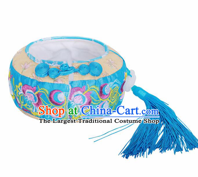 Traditional Chinese Ancient Termofor Cover Embroidered Blue Brocade Bag