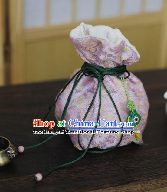 Traditional Chinese Ancient Termofor Cover Embroidered Pattern Pink Brocade Bag