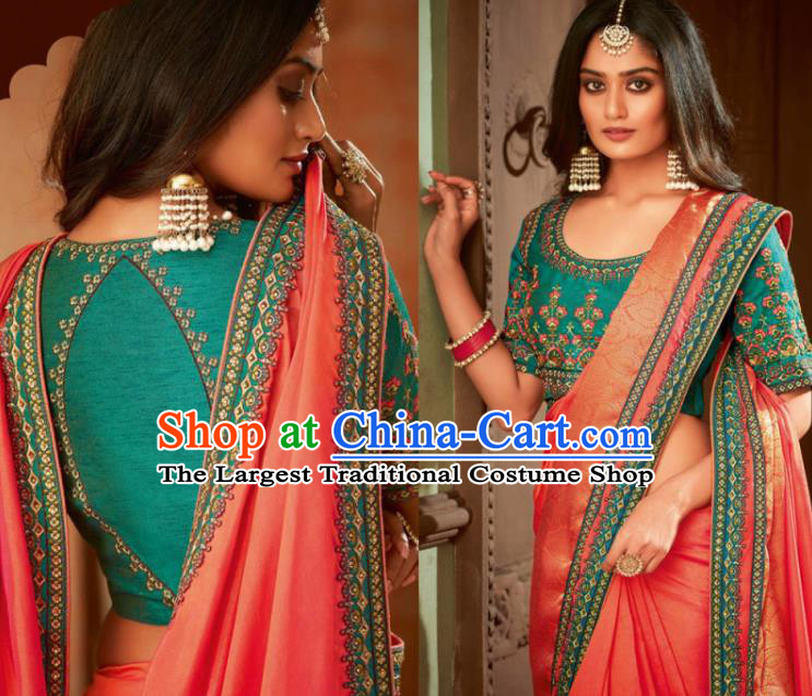 Asian India Traditional Costume Indian Bollywood Embroidered Watermelon Red Silk Sari Dress for Women