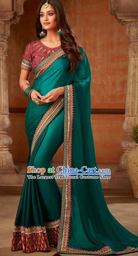 Asian India Traditional Costume Indian Bollywood Embroidered Peacock Green Silk Sari Dress for Women