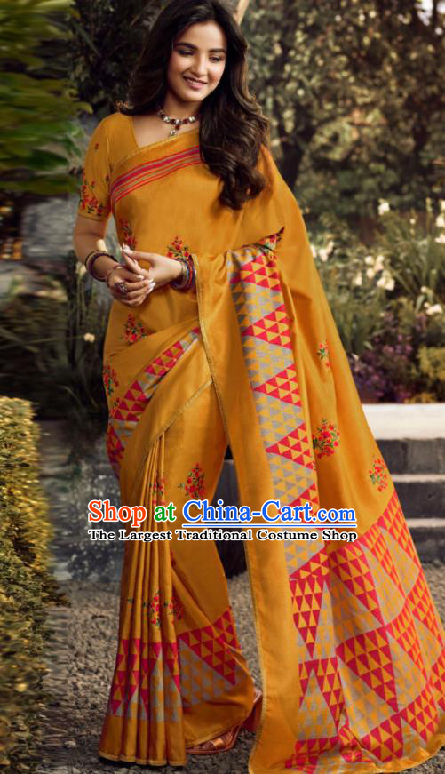 Asian India Traditional Sari Costumes Indian Bollywood Embroidered Ginger Silk Dress for Women