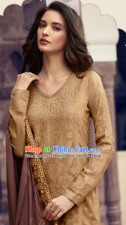 Asian Indian Punjabis Embroidered Khaki Blouse and Pants India Traditional Lehenga Choli Costumes Complete Set for Women