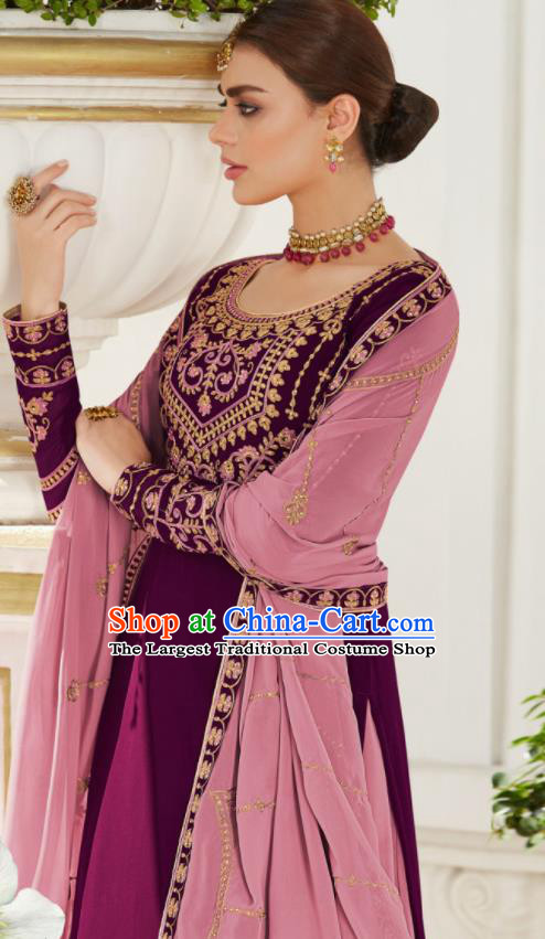 Asian Indian Bride Embroidered Purple Blouse and Skirt India Traditional Lehenga Choli Costumes Complete Set for Women