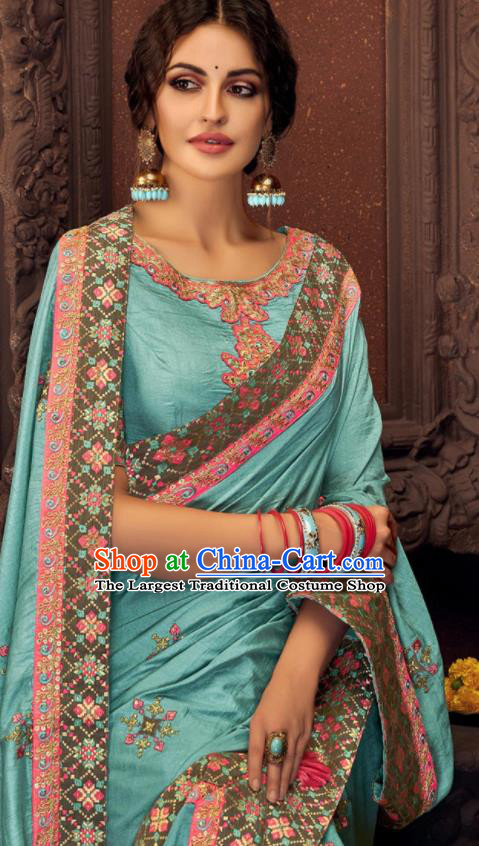 Asian Indian Court Light Blue Silk Embroidered Sari Dress India Traditional Bollywood Costumes for Women