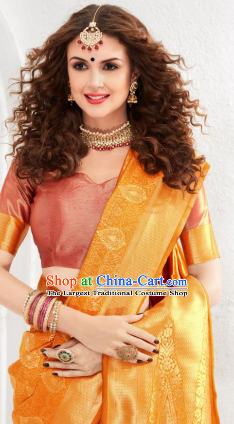 Asian Indian Court Orange Silk Sari Dress India Traditional Bollywood Costumes for Women