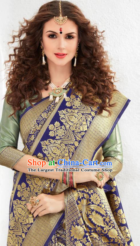 Asian Indian Court Royalblue Silk Sari Dress India Traditional Bollywood Costumes for Women