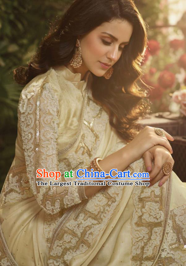 Asian Indian Court Princess Light Apricot Embroidered Satin Sari Dress India Traditional Bollywood Costumes for Women