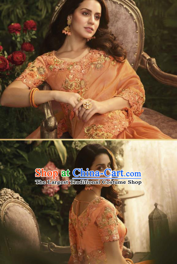Asian Indian Court Princess Orange Embroidered Satin Sari Dress India Traditional Bollywood Costumes for Women