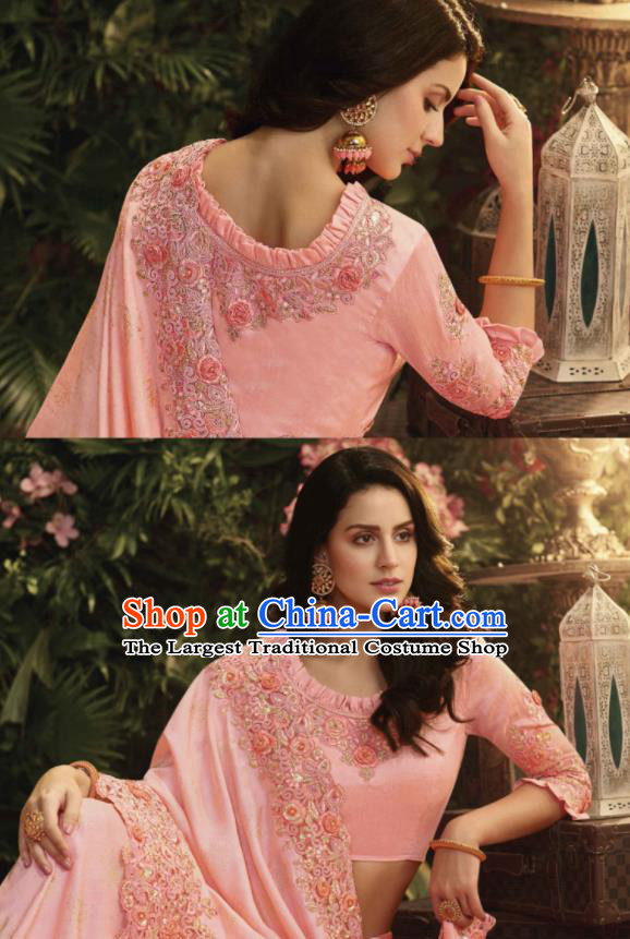 Asian Indian Court Princess Pink Embroidered Satin Sari Dress India Traditional Bollywood Costumes for Women