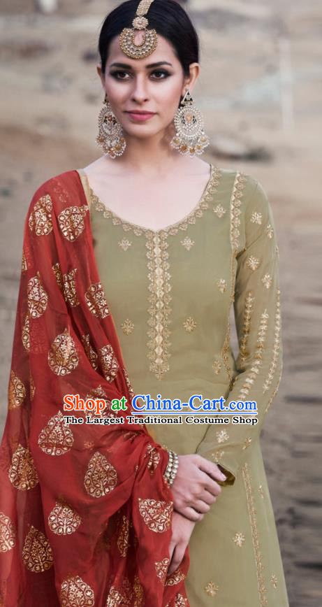 Asian Indian Punjabis Embroidered Olive Green Georgette Dress India Traditional Lehenga Choli Costumes Complete Set for Women