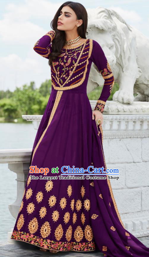 Asian Indian Bollywood Embroidered Purple Georgette Dress India Traditional Anarkali Suit Costumes for Women